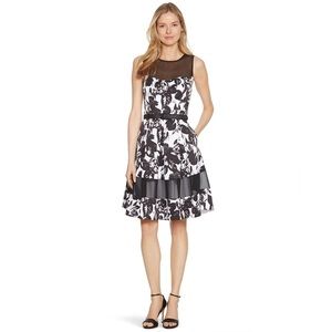 WHBM Sleeveless Black and White Floral Fit and Flare Dress